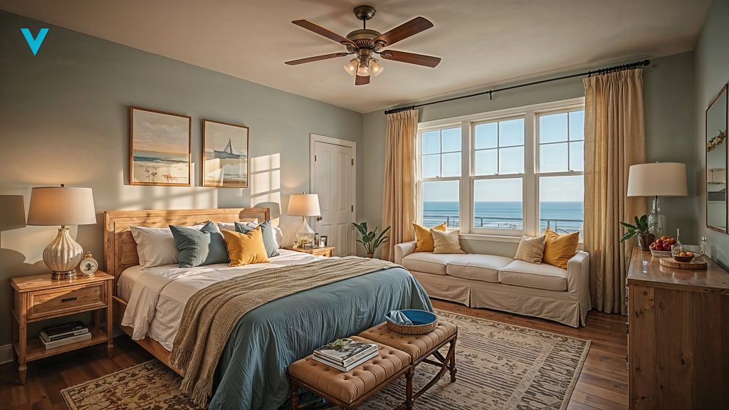 Beautifully decorated vacation rental interior with vibrant coastal themes and story-driven design