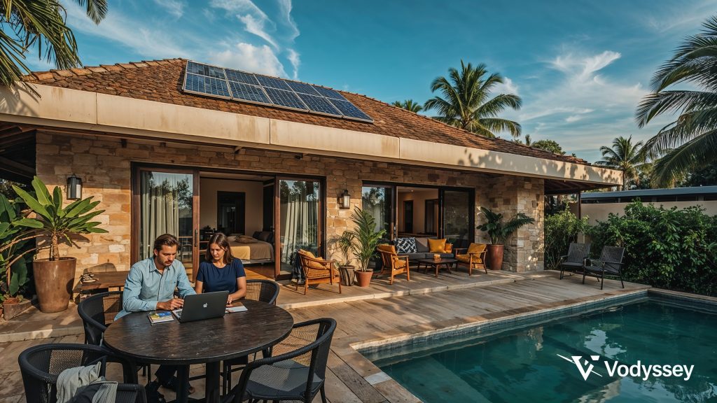 Stylish modern vacation rental home in an emerging market with eco-friendly features and couple working remotely
