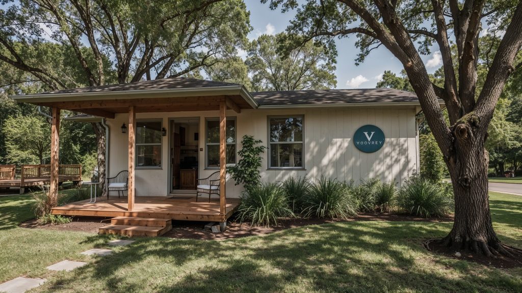Beautiful modern vacation home with Vodyssey logo in a serene natural setting