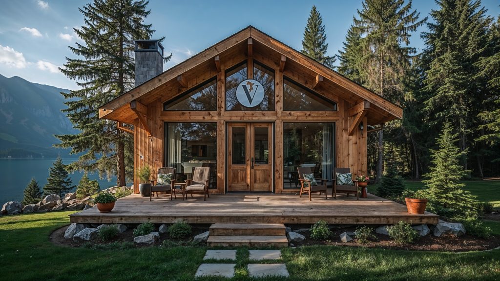 Inviting modern vacation home in nature with Vodyssey logo—symbolizing STR podcast education and lifestyle freedom