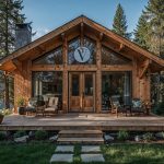 Inviting modern vacation home in nature with Vodyssey logo—symbolizing STR podcast education and lifestyle freedom