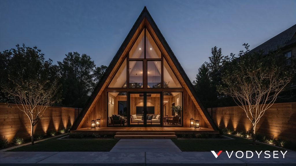 Stylish A-frame cabin in urban setting with Vodyssey branding
