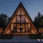 Stylish A-frame cabin in urban setting with Vodyssey branding