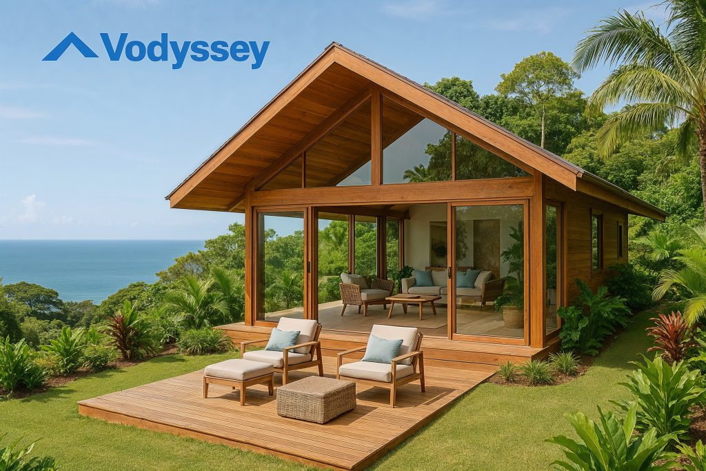 A beautifully designed vacation rental home on a lush hillside overlooking the ocean in Costa Rica