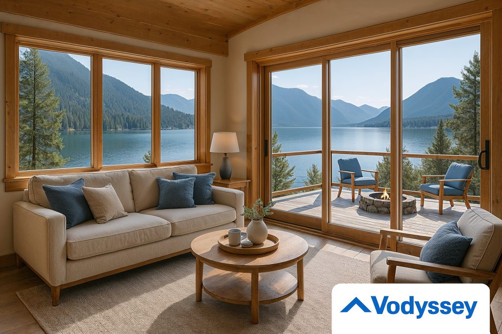 Beautifully staged cozy vacation rental home in a picturesque mountain or lakeside setting