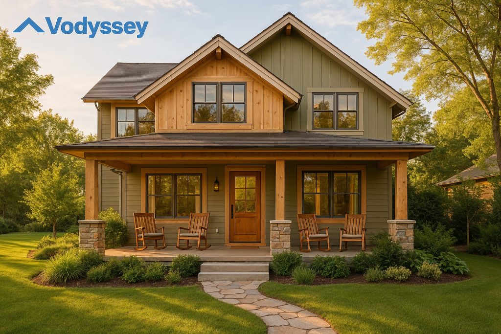 A beautiful, welcoming vacation home in a scenic family-friendly destination—modern-rustic charm, large windows, cozy porch, and lush landscaping