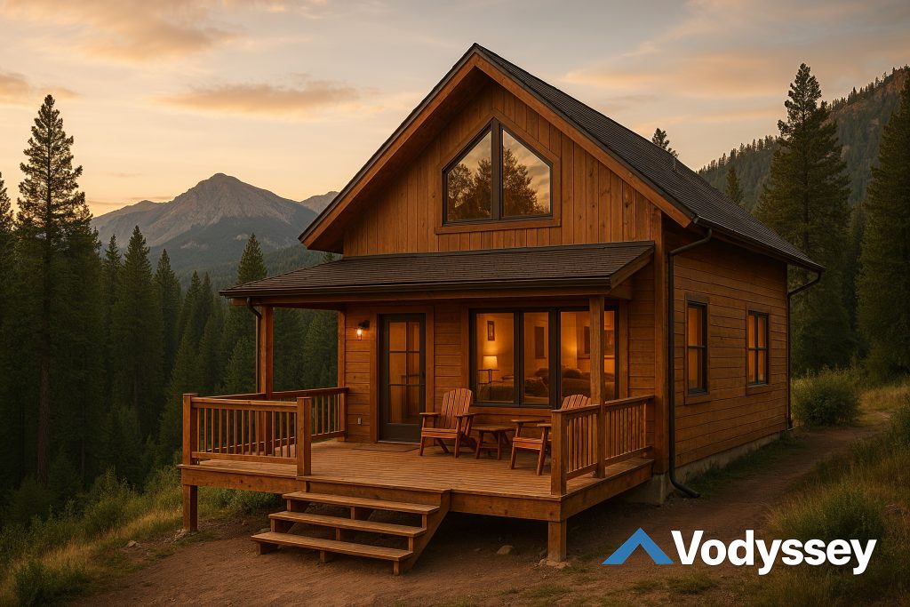 Cozy vacation home in Colorado mountains with wooden exterior and scenic pine forest view