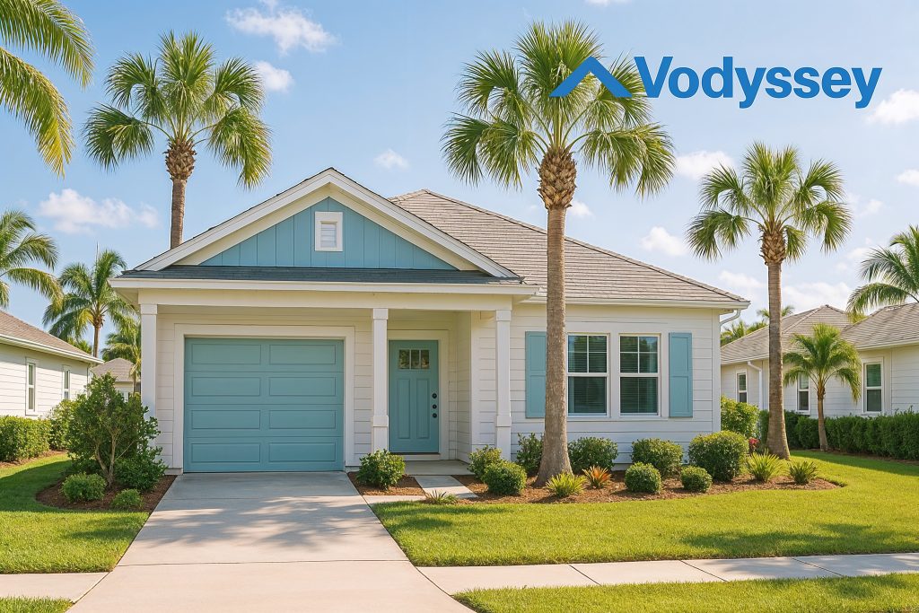 Sunlit Florida vacation home exterior in a palm-lined neighborhood, ideal for short-term rentals