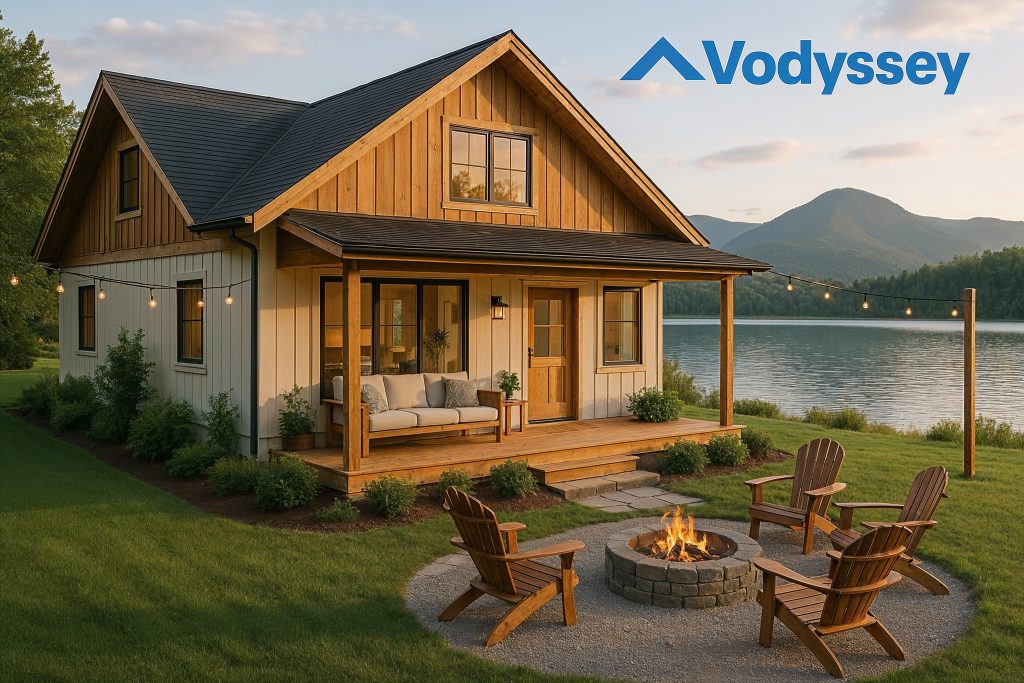 A beautifully styled vacation rental home on a scenic lake or mountain, warm and inviting for guests