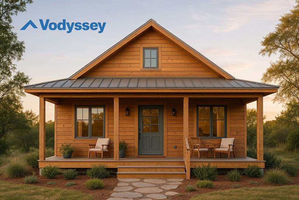 A welcoming vacation home with a front porch in a scenic, natural setting, reflecting Vodyssey's ethos of lifestyle and financial freedom.
