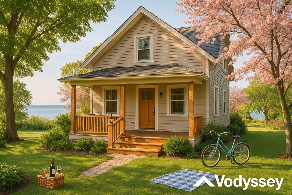 Charming vacation rental home in Traverse City, Michigan with lake view and cherry blossoms