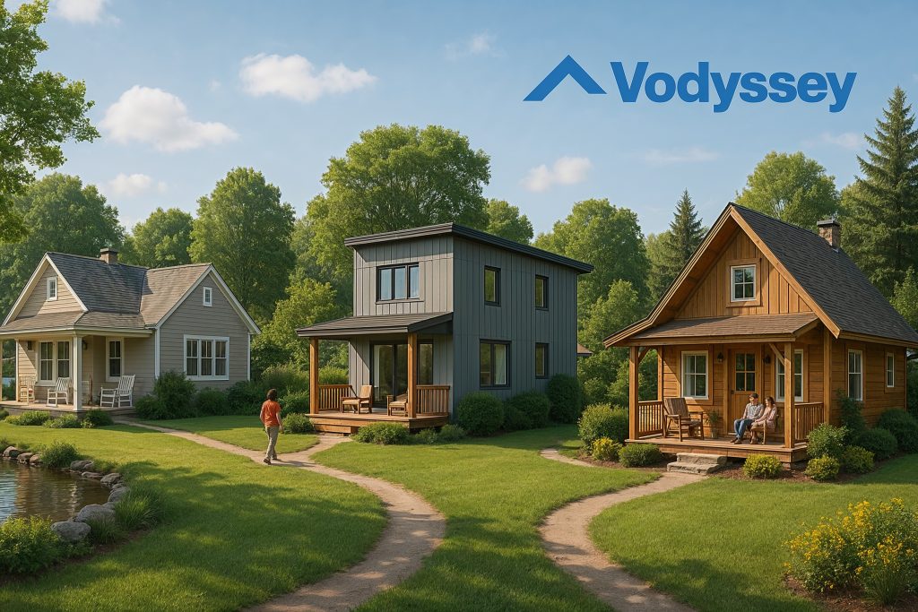 Collection of beautiful vacation homes including a lakeside cottage, townhouse, and mountain cabin in a lush, inviting landscape