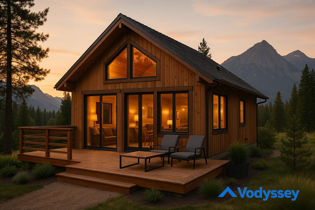 Beautiful vacation rental home in the mountains at golden hour