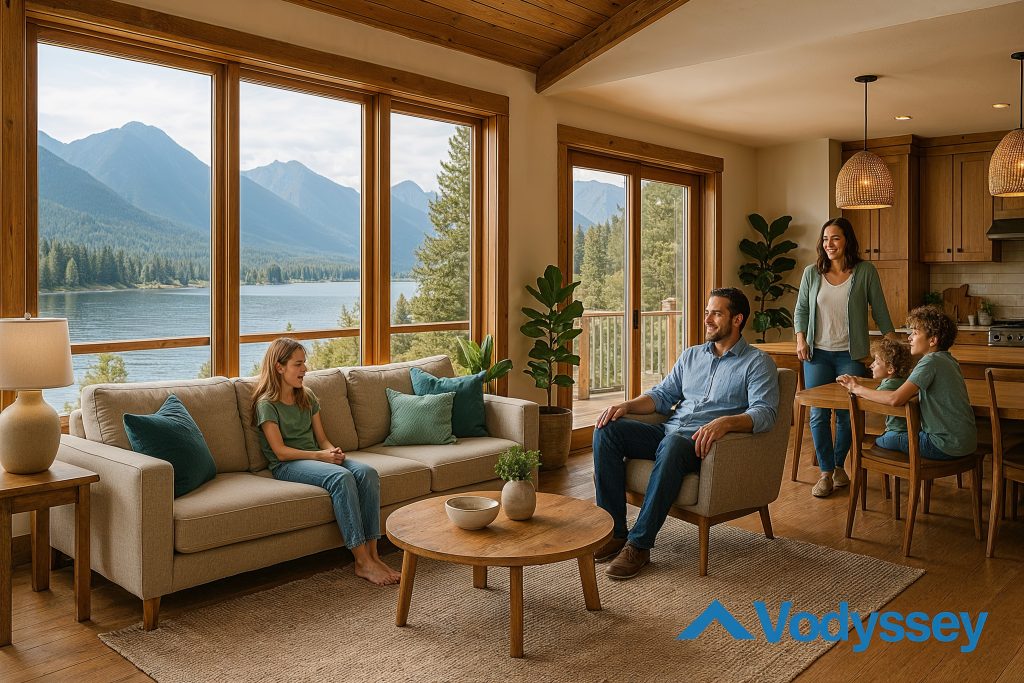 A beautifully furnished vacation rental home in a scenic location, enjoyed by a family, illustrating passive income and lifestyle freedom