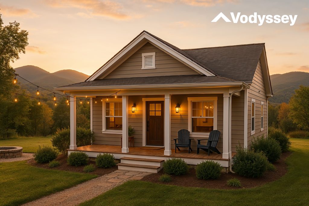 A beautifully kept mid-range vacation rental home at golden hour, cozy and inviting with tasteful landscaping and outdoor seating