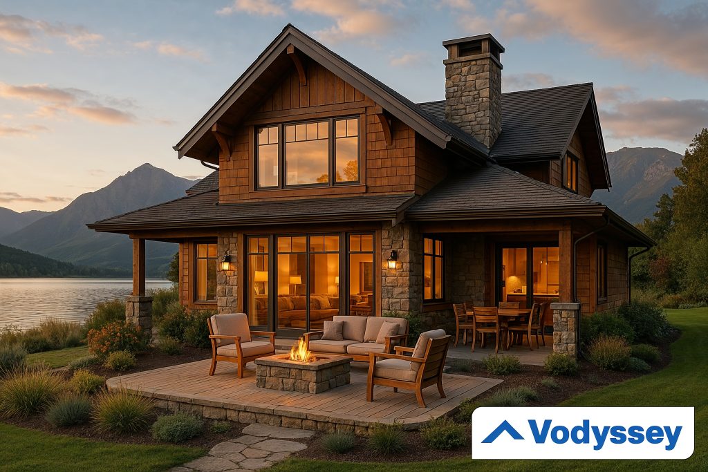 A beautiful, welcoming vacation home in a scenic location with natural materials and inviting outdoor seating