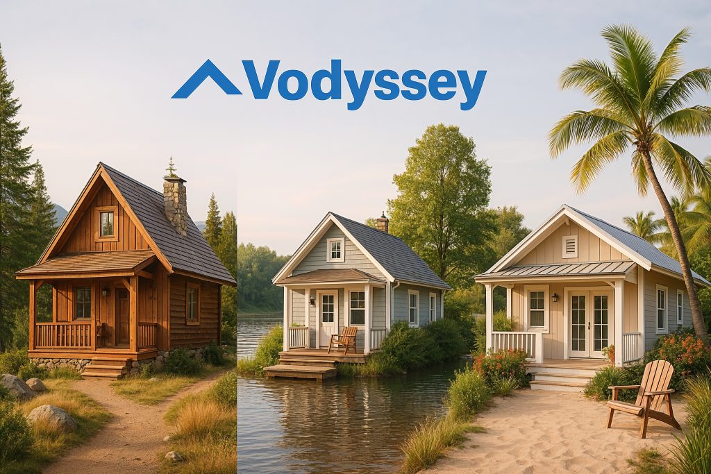 A small portfolio of vacation homes including a mountain cabin, lakefront cottage, and beach bungalow representing lifestyle and financial freedom