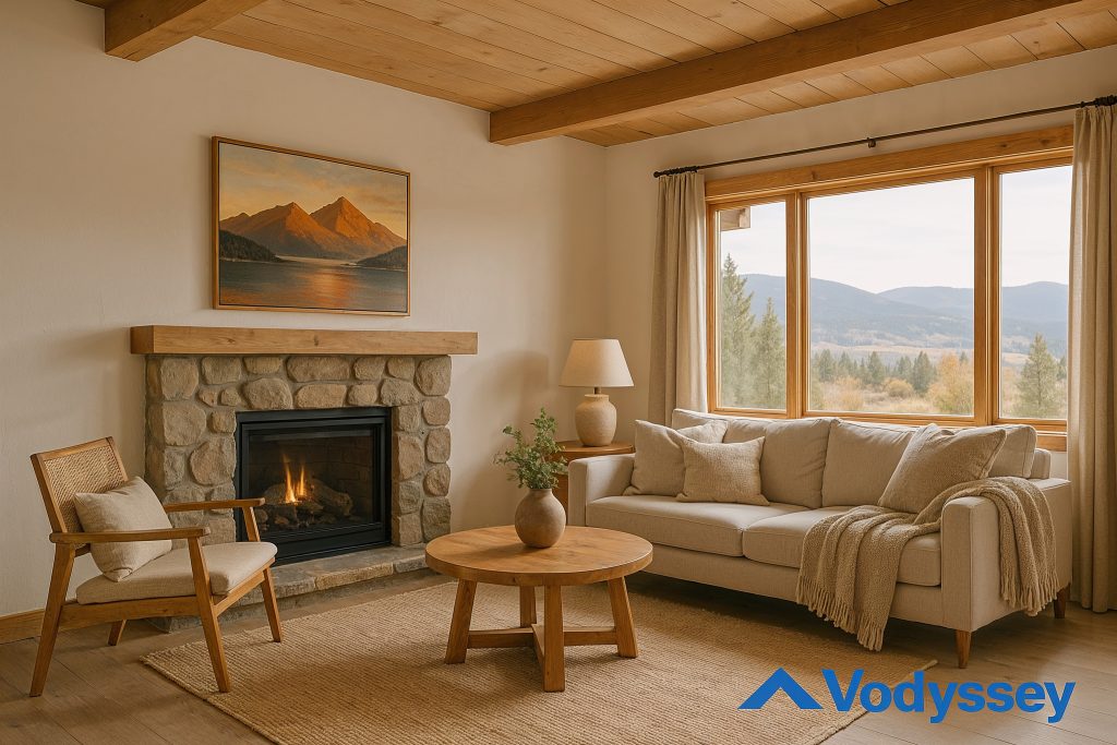 Beautifully designed vacation home living room blending local character and modern comfort