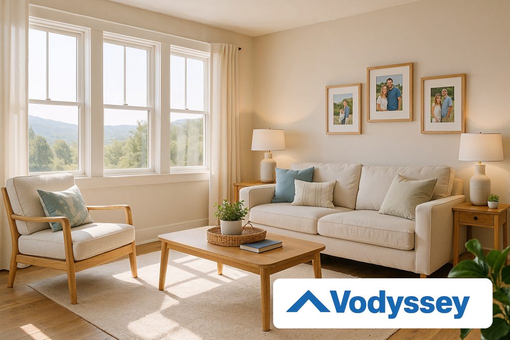 Bright, inviting vacation home living room with modern furniture and Vodyssey-inspired decor