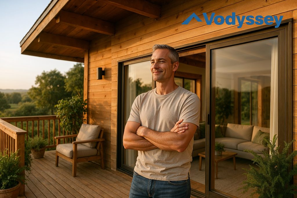 Relaxed, confident individual on deck of modern vacation home overlooking tranquil landscape