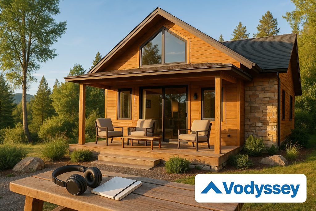 Contemporary vacation home with podcast listener in scenic setting