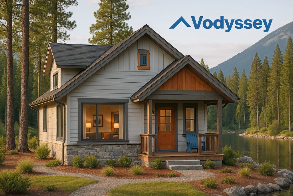 Charming vacation home in scenic setting reflecting Vodyssey brand colors