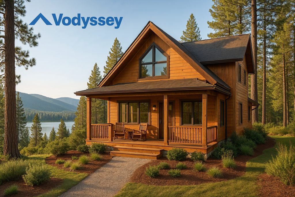 Beautiful inviting mountain vacation home among pine trees overlooking a tranquil lake