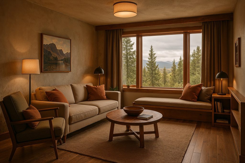 Cozy, beautifully designed living room in a vacation rental with modern furnishings and local artwork