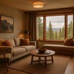 Cozy, beautifully designed living room in a vacation rental with modern furnishings and local artwork